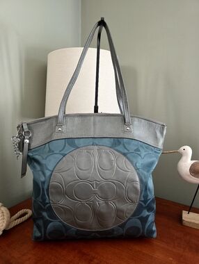 Coach F19440 Laura Signature Tote Teal Gray Jacquard Leather Shoulder Bag Y2K